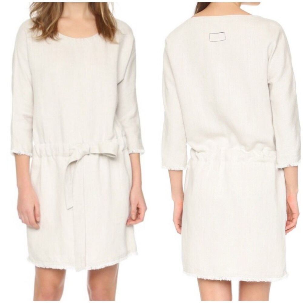 Current Elliott The Cinched Linen Blend Beige Tie Waist Mini Shift Dress sz L
